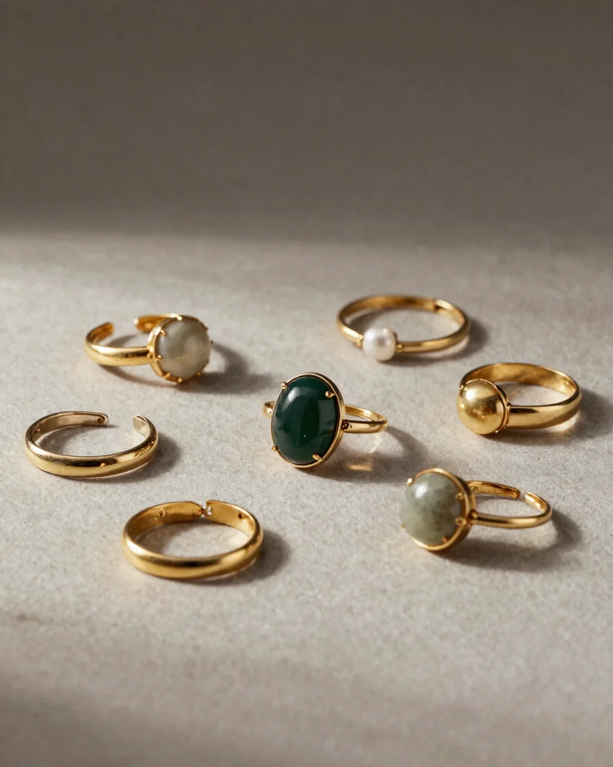 Editorial studio photograph of several finished jewellery and related article pieces grouped on a neutral surface, varie