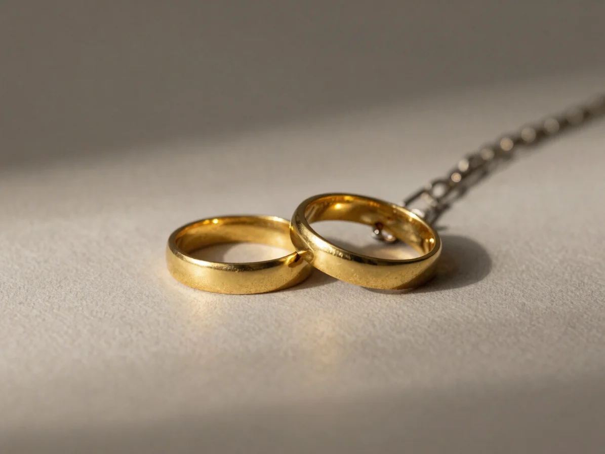 Editorial product photograph of a finished gold ring and a silver