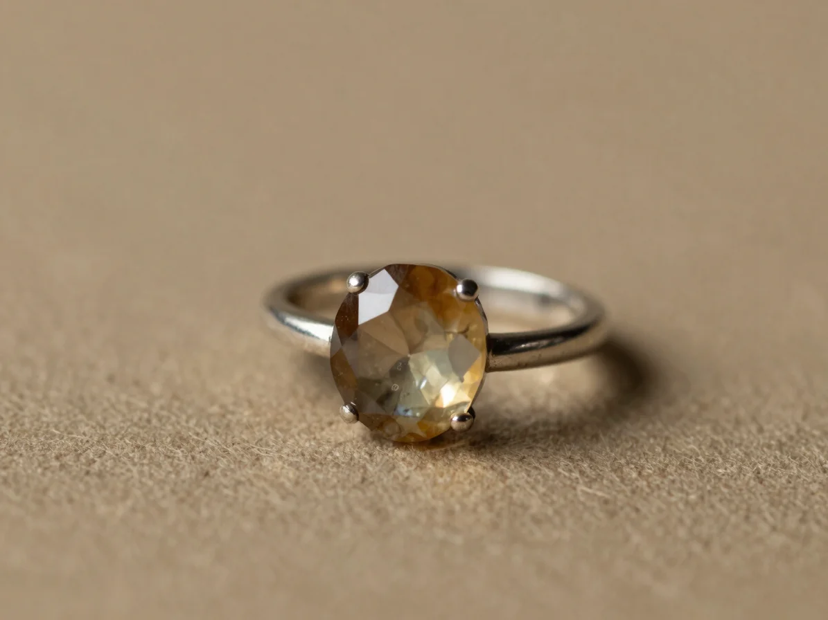 Macro studio photograph of faceted semi-precious stones set in a