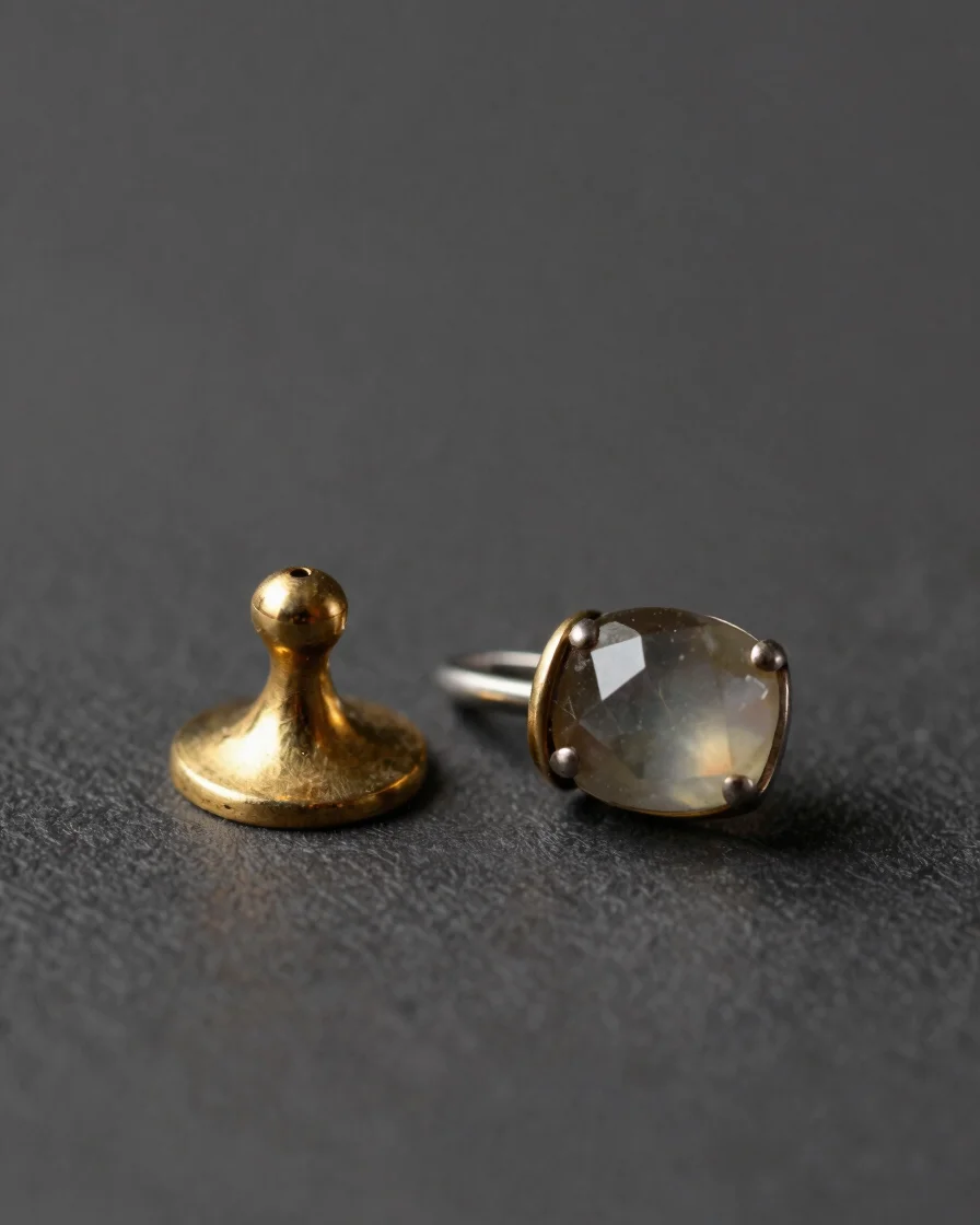 Macro studio photograph of a finished gold and silver jewellery piece beside a precious-metal-clad base metal component