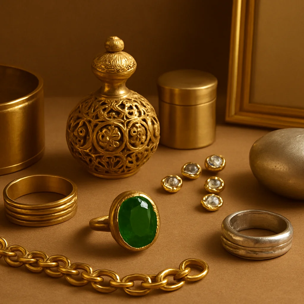 Studio grouping of ornamental articles in gold, silver, and clad metal with stones, soft directional light, material var