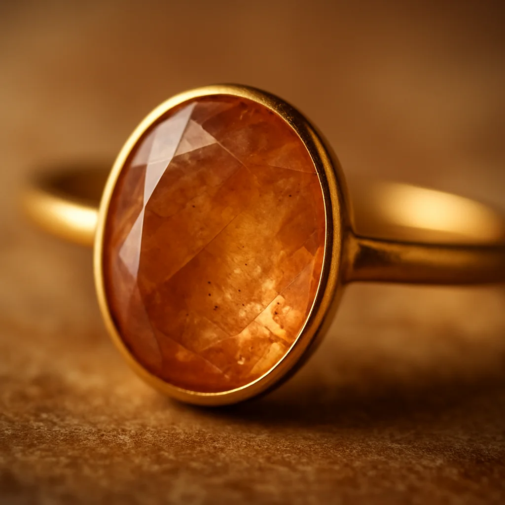 Macro photograph of a semi-precious stone in a gold setting, shallow depth of field, warm metal reflection