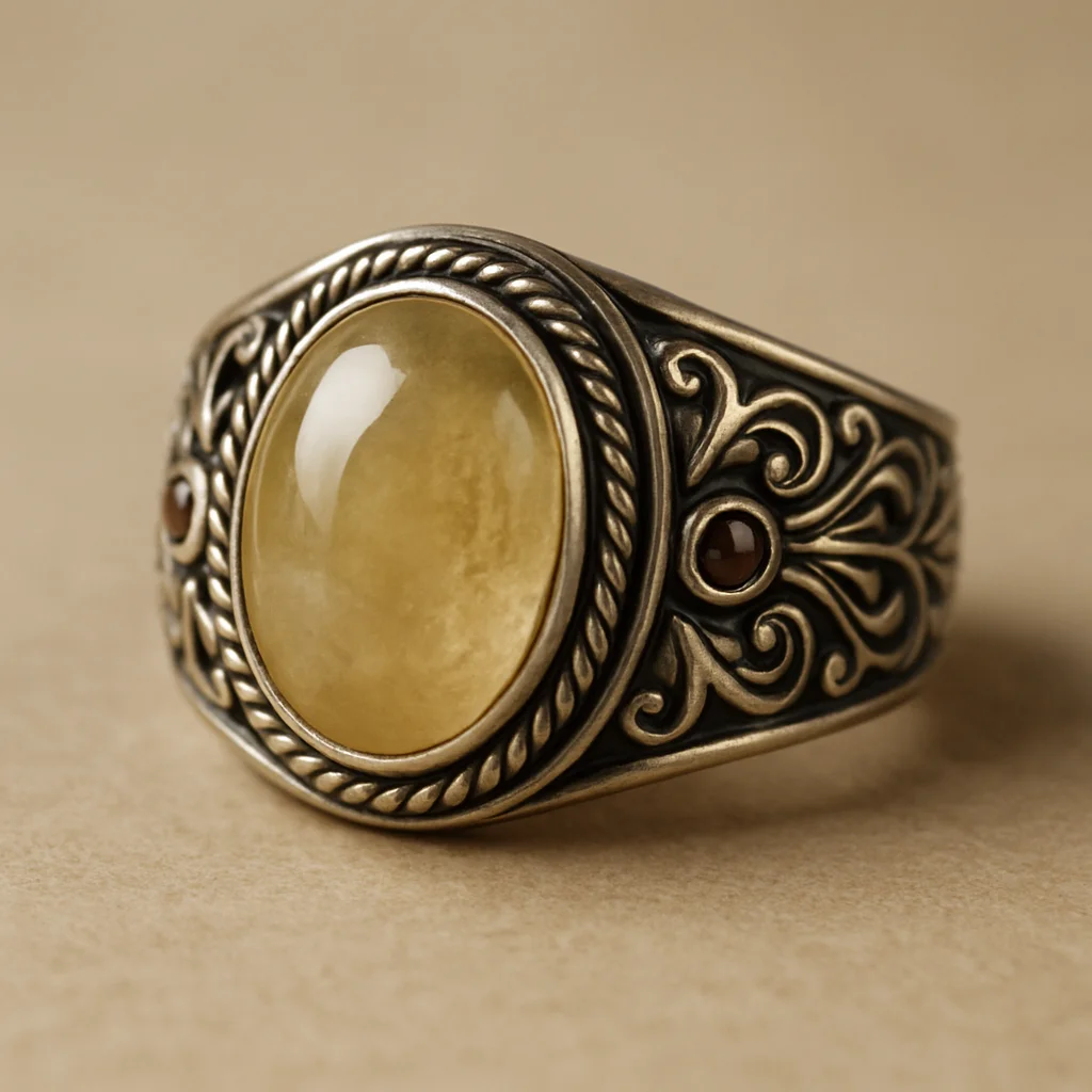 Studio photograph of a finished silver ornamental article with stone accents, clear product study framing, neutral backd