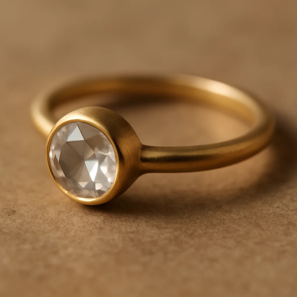 Editorial studio photograph of a finished gold ring with a faceted stone, soft directional light, warm metal tones, macr